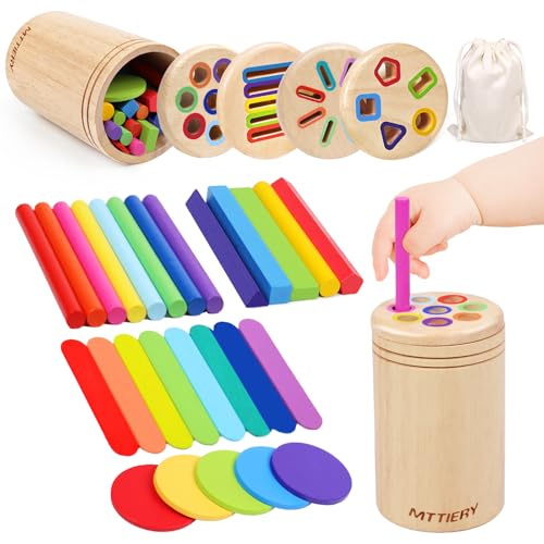 MTTIERY 4 in 1 Montessori Toys for 2 3 4 Year Old, Wooden Color Sorting Toys for Toddlers 1-3, Preschool Learning Activities Fine Motor Matching Games, Stocking Stuffers for 18 Month Old Kids