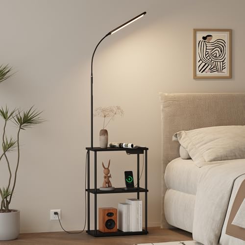 Image of Qupui LED Floor Lamp with Table, 15W Dimmable, USB Charging, Black