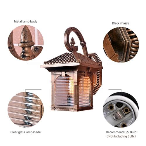 Lanterne murale d'extérieur – Luminaire de terrasse étanche avec verre à motif d'eau, base E26/E27 pour porte d'entrée et entrée