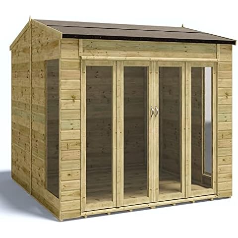 8 x 8 Cannes Wooden Summerhouse Garden Shed Wide Bi-fold Double French Doors Tongue & Groove Pressure Treated Shiplap Cladding with 11mm T&G Floor and Roof Cover