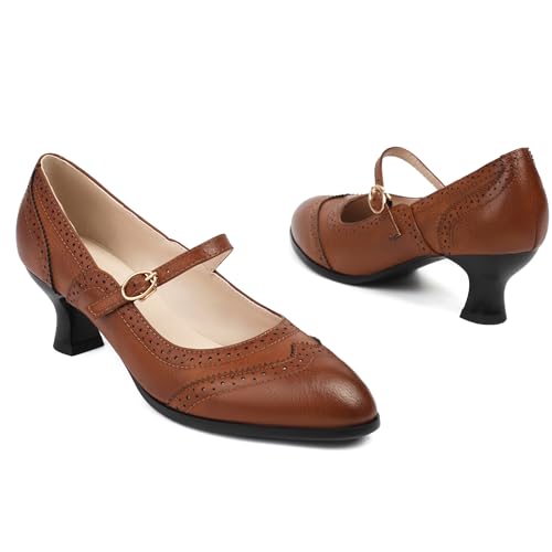 Women's Wingtip Mary Jane Low Kitten Heel Vintage Chunky Heels Ankle Strap Closed Round Toe Pumps Oxford Brogue Work Dress Shoes3