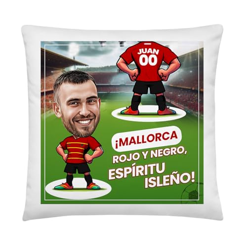 Kembilove Cojín Personalizado Mallorca con Caricatura | Almohada con Foto Nombre y Número | Regalo para Aficionados Bermellones | Decoración para Fans del RCD Mallorca