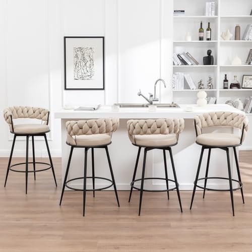 Image of Swivel Bar Stools Set of 4, Modern Barstools with Woven Back, Velvet Counter Height Bar Stools for Kitchen Island, Cafe, Pub, Beige
