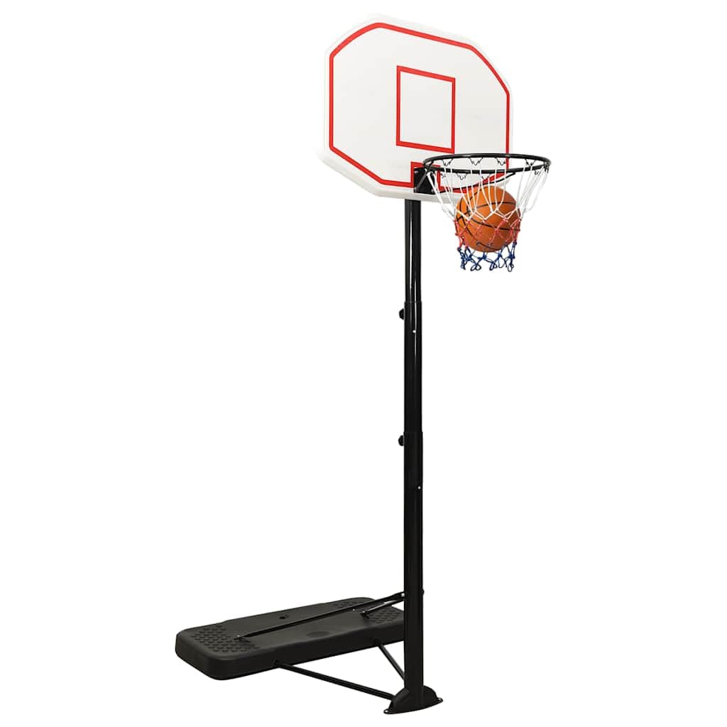 Supporto da basket regolabile in polietilene, bianco, regolabile in altezza da 258 a 363 cm, con cestino in acciaio e rete di nylon, ruote e base triangolare stabile