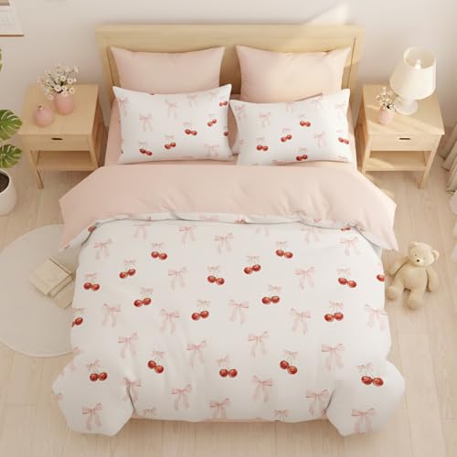 Image of Nayoroom Pink Bow Duvet Cover Full Size Reversible Red Cherry Duvet Cover 3 Pieces Soft Lightweight Microfiber Kids Girls Cute Aesthetic Dorm Bedding Set