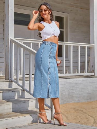 Image of Aahwan Blue Midi Denim Pencil Front Button Side Slit Skirt for Women's & Girl's