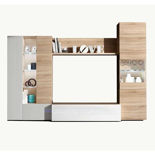 Miniatura 8 de Habitdesign Mueble De Comedor Con Leds, Mueble Salon, Modelo Essential, Acabado En Blanco Brillo Y Roble Canadian, Medidas: 260 Cm Ancho X 185 Cm Alto X 42 Cm Fondo