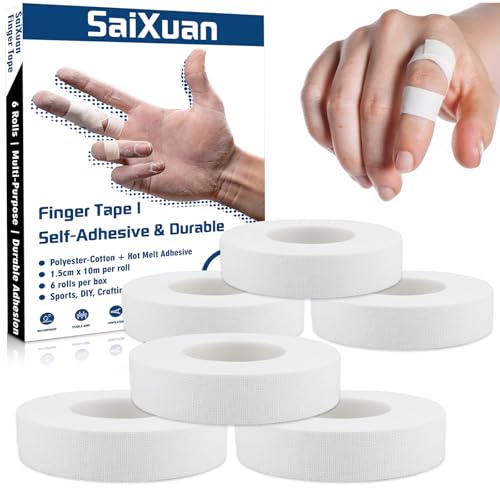 SaiXuan Nastro Autoadesivo per Dita, Confezione da 6 Rotoli (1,5 cm x 10 m), Tepe Dita Delicato sulla Pelle, per Nastro Dita Pallavolo, Arrampicata, Basket, Protezione delle Articolazioni (Bianco)