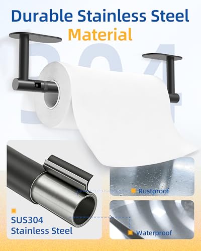 Image of RUACQ Paper Towel Holder Under Cabinet, Wall Mounted or Adhesive Stainless Steel Paper Towel Holder,Round Base Paper Towel Rack for Kitchen, RV, Bathroom (Matte Black)