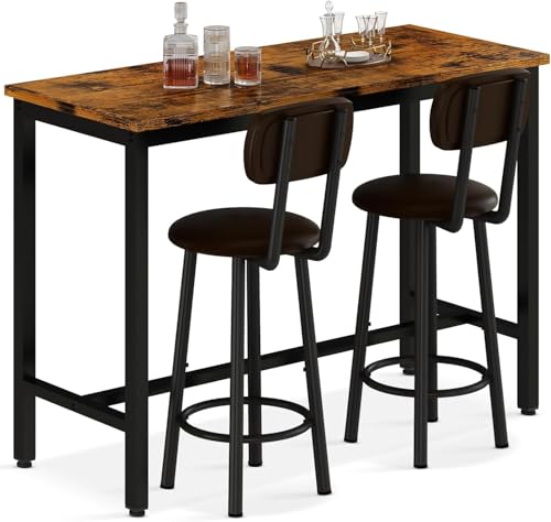 AWQM 47.2 Bar Table Set of 2: Pub Height Table with 2 Backrest Stools – Rustic Brown & Black for Kitchen, Living Room, and Bar
