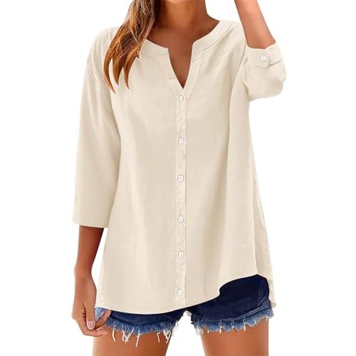 LOMON Womens 3/4 Sleeve Button Down Shirts Cotton Linen Roll Up Short Sleeve Tops V Neck Casual Loose Fit Blouses Apricot 3X-Large