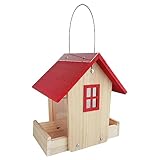 Wooden House Bird Feeder for Outdoors Hanging - Cedar Wood Birdfeeder DIY with Red Roof, Easy to Clean and Fill, Large Capacity, Weather Proof
