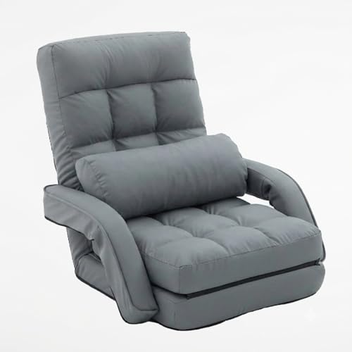 Image of Floor Chair for Adults with Back Support, 14-Position Adjustable Floor Sofa with Pillow & Armrests, Faux Leather Floor Lounger Chair for Gaming, Reading & Living Room (Grey)