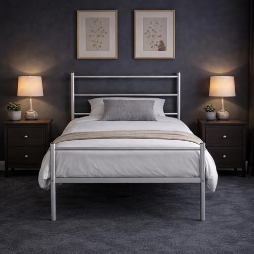 Image of House Of Home Single Metal Bed Frame – Sleek Silver Finish, Reinforced Slats & Central Support, Under-bed Storage-Ready – Easy Assembly