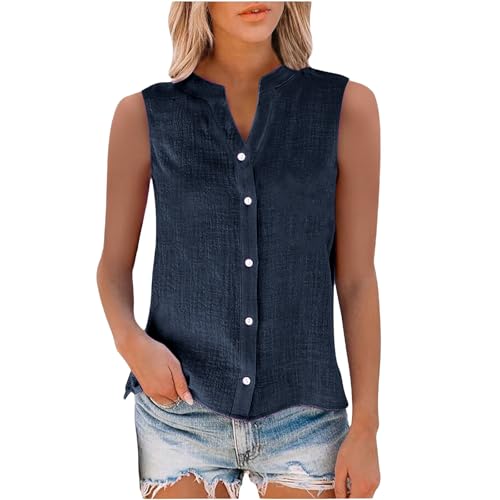 Linen Tank Tops for Women Button Down Sleeveless V Neck Loose Comfort Shirts Plus Size Summer Clothes for Women3