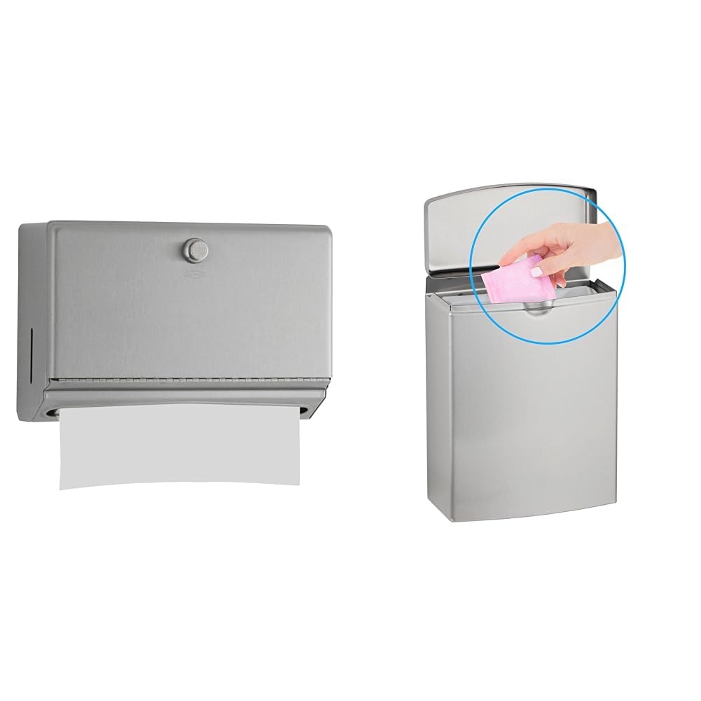 Bobrick Stainless Steel Surface-Mounted Paper Towel Dispenser, 10-3/4" Width, 7-1/8" Height, 4" Length & Sanitary Napkin Disposal Wall Mounted Stainless Steel Flip Top Receptacle, 1 Gallon Capacity