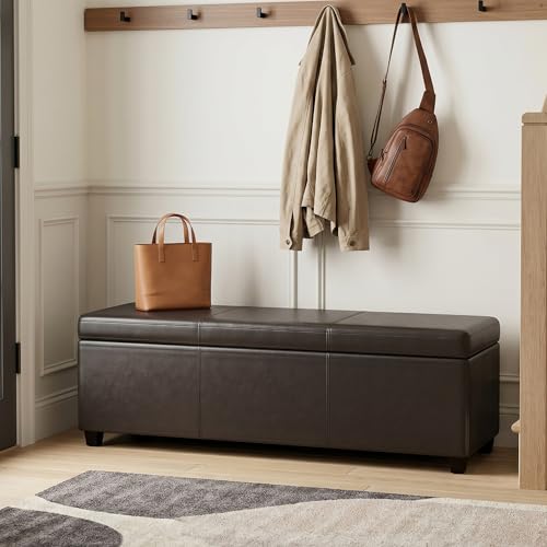 Image of SIMPLIHOME Avalon 54 inch Vegan Leather Storage Ottoman in Dark Clove Brown