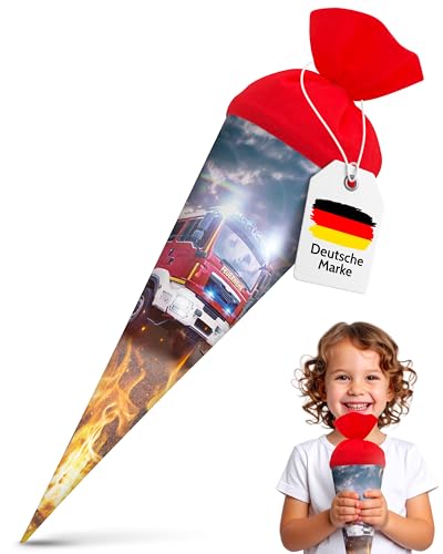 itenga Geschwister Schultüte Feuerwehr Zuckertüte mit Filzverschluss - Feuerwehrauto und Feuer - Schule Einschulung Schulanfang 35cm