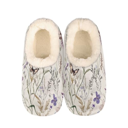 Watercolor Purple Wildflowers Butterflies Slippers for Women Slipper Socks Soft Fuzzy House Slippers Shoes for Indoor Bedroom, Winter Cozy Christmas Gifts
