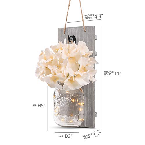 HOMKO Decorative Mason Jar Wall Decor - Rustic Wall Sconces with 6-Hour Timer LED Fairy Lights and Flowers - Farmhouse Home Decor (Set of 2)