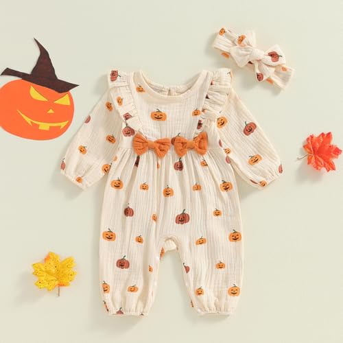 Newborn Infant Baby Girl Halloween Outfit Pumpkin Print Puff Sleeve Ruffle Jumpsuit Headband Set Two Piece Clothes2