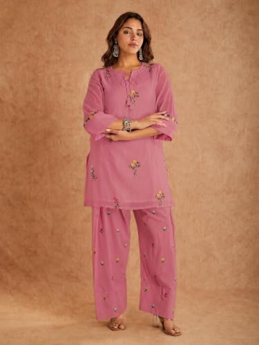 Image of ANNI Designer Farshi Salwar Suit for Women Viscose Embroidered | Co Ord Set for Woman | Straight Kurta Palazzo Outfit Round Neck V Slit 3 /4 Sleeve Ethnic Dress Womens Clothing
