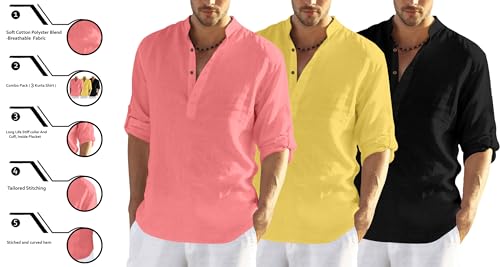 Image of Zombom Combo of Men's Solid Cotton Polyester Blend Full Sleeve Mandarin /Chinese Collor Straight Kurta Shirt (Pack of 3)