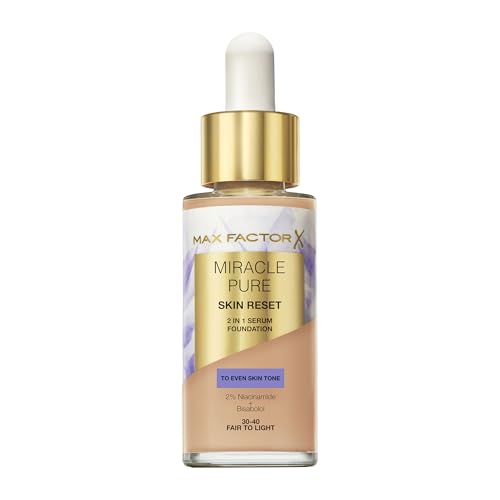 Max Factor Miracle Pure Skin Reset Foundation, 2-in-1 Serum und flüssige Foundation, natürliche Deckkraft mit mattem Finish, Reset-Komplex, Fb. 30-40 Fair to Light