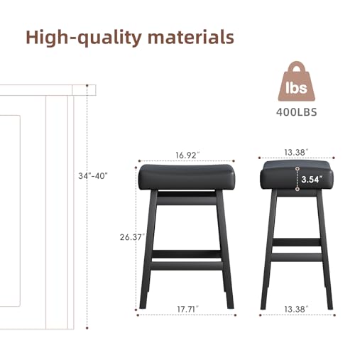 Butacos de altura para barra de 26 pulgadas, juego de 2 unidades, sin respaldo, asiento tipo silla de montar con tapizado en cuero sintético, estilo moderno para isla de cocina, comedor o bar en casa (Negro) miniatura 2