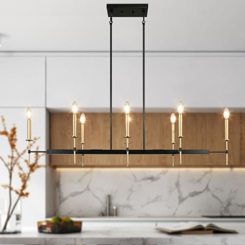KSANA Black and Gold Chandelier Modern Linear Dining Room Chandelier Light Fixture Large 48.5 8-Light Kitchen Island Lighting for Living Room