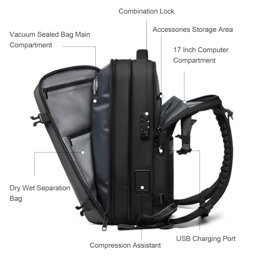 Sac à dos sous vide 60L extensible bagage cabine avion imperméable gris