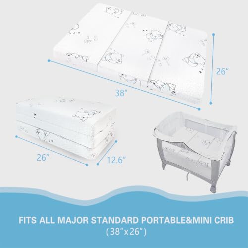 Image of Memory Foam Mattressrifold,Trifold Pack and Play Mattress, 38 inchx26 inch Dual Sided Memory Foam Mattress for Pack n Play, Portable Foldable Pack Play Mattresses Pad with Breathable Animal Cover