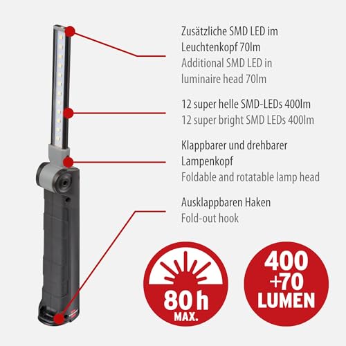 Brennenstuhl akumulatorowa lampa robocza LED SANSA 401 A/lampa warsztatowa LED z akumulatorem i magnesem (maks. czas świecenia 80 godzin, 400+70 lm, składana do rozmiaru kieszonkowego, USB C)