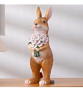 Sengocis Hand-Painted Bunny with Flowers Statue - 13.38" Indoor/Outdoor Decorative Resin Rabbit -...