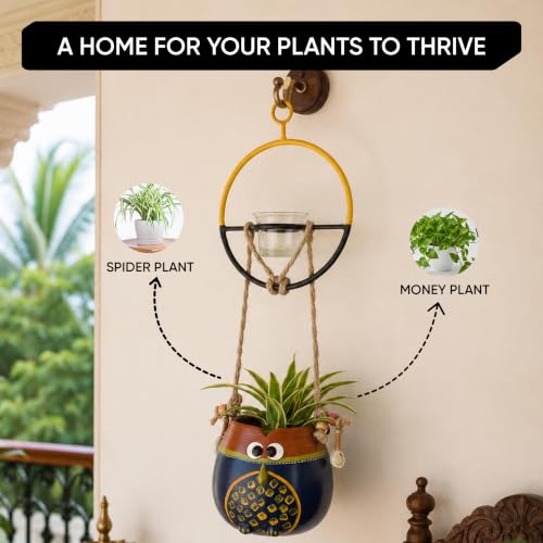 Image of AAKRITI ART CREATIONS Terracotta Hanging Planter with Metal Bird Feeder | Blue & Brown Earthen Design, Modern Art, Matte Finish | Decorative Hanging Pot for Indoor & Outdoor Home Decor