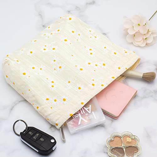 Makeup Bag Large Zipper Make Up Pouch for Purse Travel Canvas Cosmetic Organizer for Women Brush Storage,Cotton Daisy Beige - 4
