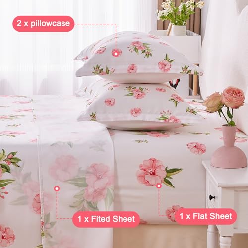 Image of Cozyholy Queen Sheet Set White Pink Floral Bed Sheets Set Cute Soft Microfiber Cooling Sheets 4 Pieces Queen Size Bed Set Wrinkle Free, 15 inch Deep Pocket Fitted Sheet, Flat Sheet, Pillowcases