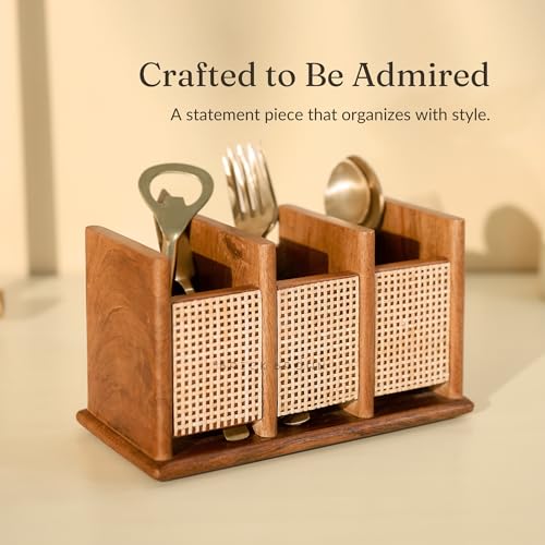 Image of Brick Brown Premium Wooden Nora Cutlery Holder Spoon Stand for Kitchen | Cutlery holder for Dining table | Wooden Caddy Storage Organiser Stand with 3 Section Caddy Holder (8.4x4x4.7 inch)