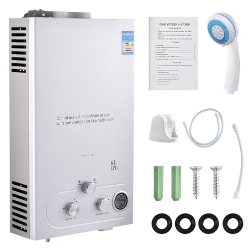 Chauffe-eau instantané au gaz 6 l, 12 kW GPL, chauffe-eau instantané super faible 0,5 bar, pression d'eau de démarrage, chauffe-eau portable à gaz, pour douche en extérieur, douche, salle de bain