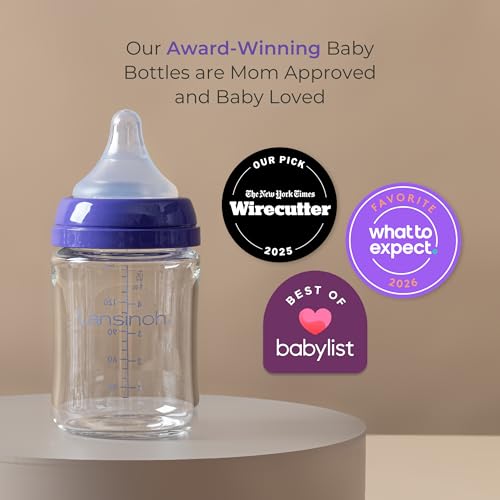 Image of Lansinoh Anti-Colic Glass Baby Bottles, Purple Collar, 5 Ounces, 4 Count