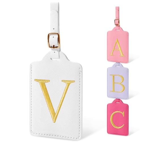 Image of Unique Initial Letter Luggage Tags for Suitcases, Monogrammed Suitcase Luggage Identifier Tag,PU Leather TSA Approved Luggage Tags,Bag Tags for Men Women Kids Luggage Baggage(White V)