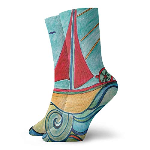 Fashion Compression Socks,Baby Boy Paintings Ship In The Waves Of Ocean Sun Kids Girls Nursery Picture,Performance Polyester Cushioned Athletic Crew Socks for Running,Athletic, -12 inch