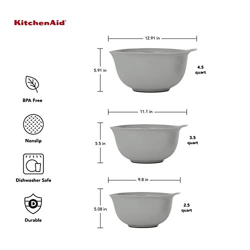 Image of KitchenAid Universal Nesting Plastic Mixing Bowls, Set Of 3, 2.5 quart, 3.5 quart, 4.5 quart, Non Slip Base with Easy Pour Spout to Reduce Mess, Dishwasher Safe, Gray