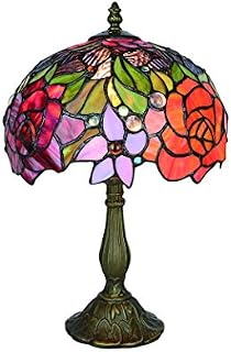 Tokira Vintage Tiffany Style Table Lamps Red Flower 10 Inch, Stained Glass Rose Desk Lamps Patterns Handmade Bedroom Bedside Lampshades Living Room Moon Light