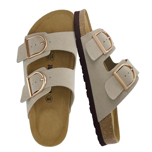 CUSHIONAIRE Legacy Cork Footbed Sandals for Women – Leather Double Strap Slides with Adjustable Buckles + Memory Foam