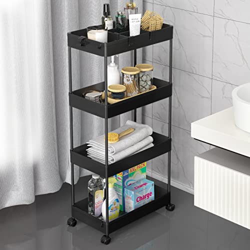 Image of SPACELEAD 4 Tier Rolling Cart with Wheels, Storage Craft Art Trolley Organizer Serving, 3 Hanging Baskets Easy Assembly, for Office, Living Room, Kitchen