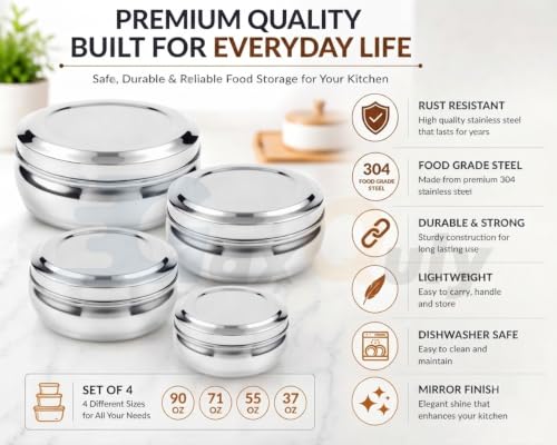 Image of Set of 4 Stainless Steel Puri Dabba with Lids Food Storage Containers for Roti, Chapati, Dry Fruits, Snacks & Kitchen Storage Lunch Box Stackable Steel Canisters 250ml, 350ml, 500ml & 700ml