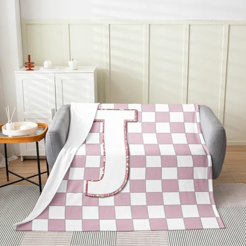 Image of Erosebridal Pink Initial J Fuzzy Plush Throw Kawaii Plaid Checkered Fleece Blanket Cute Personalized Monogram Flannel Blanket for Kids Girls,Fashion Grids Gingham Decor for Bed Couch 40 inchx50 inch