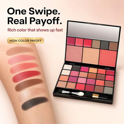Image of All-in-One Makeup Kit with Mirror - Includes 24 Eyeshadow Palette with Brush, 3 Eyebrow Powder, 3 Lip Gloss, 2 Applicator, Blush Contour and Highlighter Palette for Girl & Womens