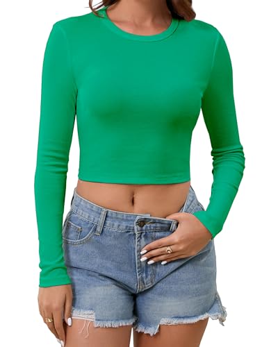 Abardsion Cotton Long Sleeve Crop Tops for Women Y2K 2026 Spring Outfits Clothes Slim Fit Shirts (Green, S)